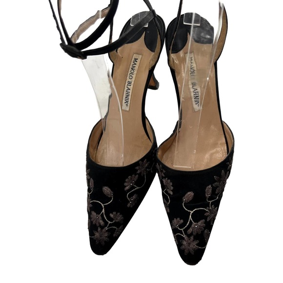 COPY - Manolo Blahnik Black Silver Hand Painted Floral Ankle Wrap Pumps Size 36 - Picture 4 of 11
